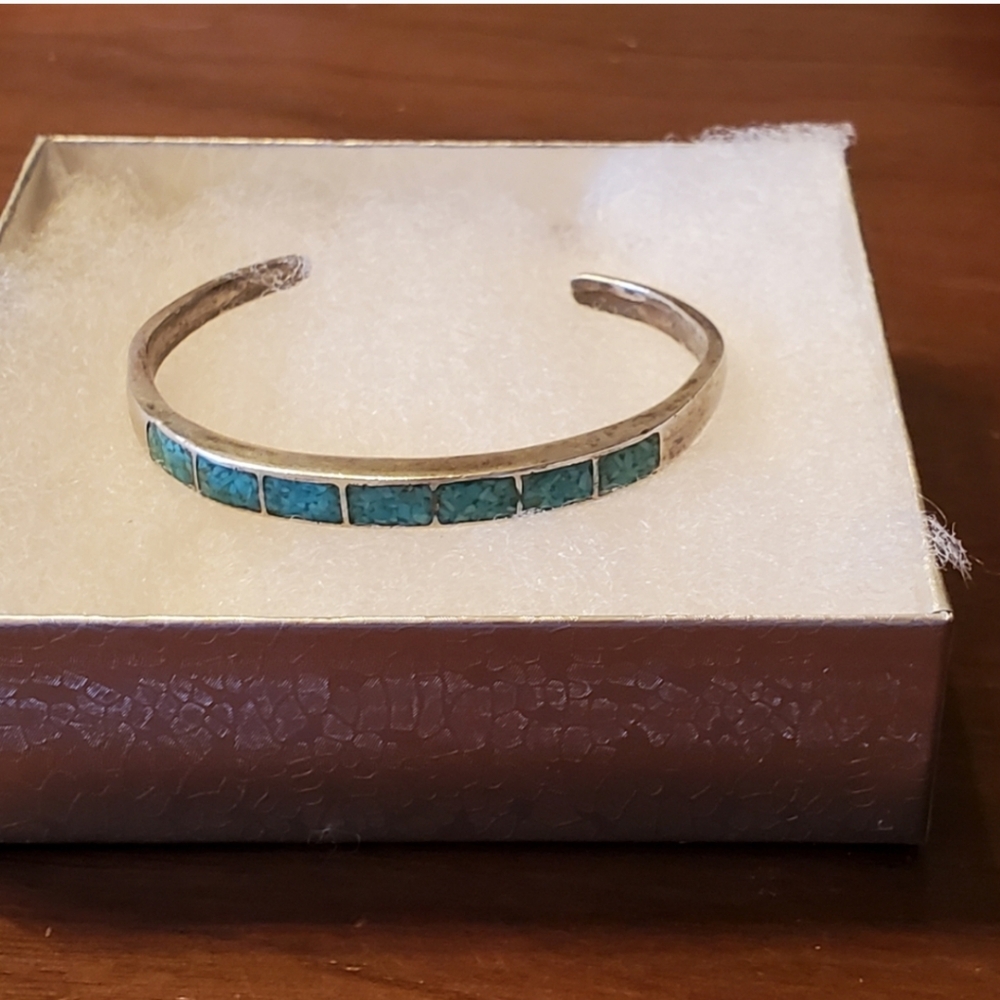 Navajo Vintage Sterling Silver Turquoise Inlay Cuff Bracelet - Picture 9 of 14